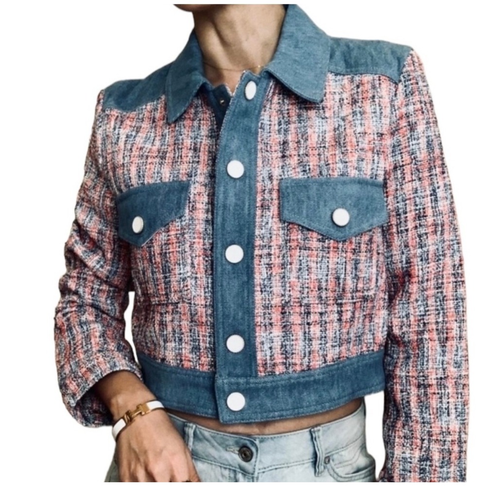 House of Harlow Women's Small Tweed Denim Jacket Pink Red Blue‎ Cropped Casual